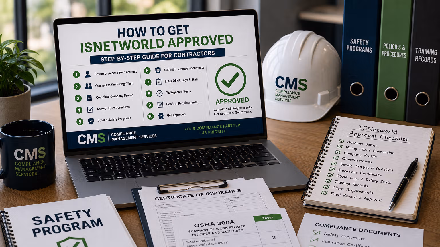 Contractor reviewing an ISNetworld approval checklist with safety programs, insurance documents, OSHA logs, and a hard hat on a desk.