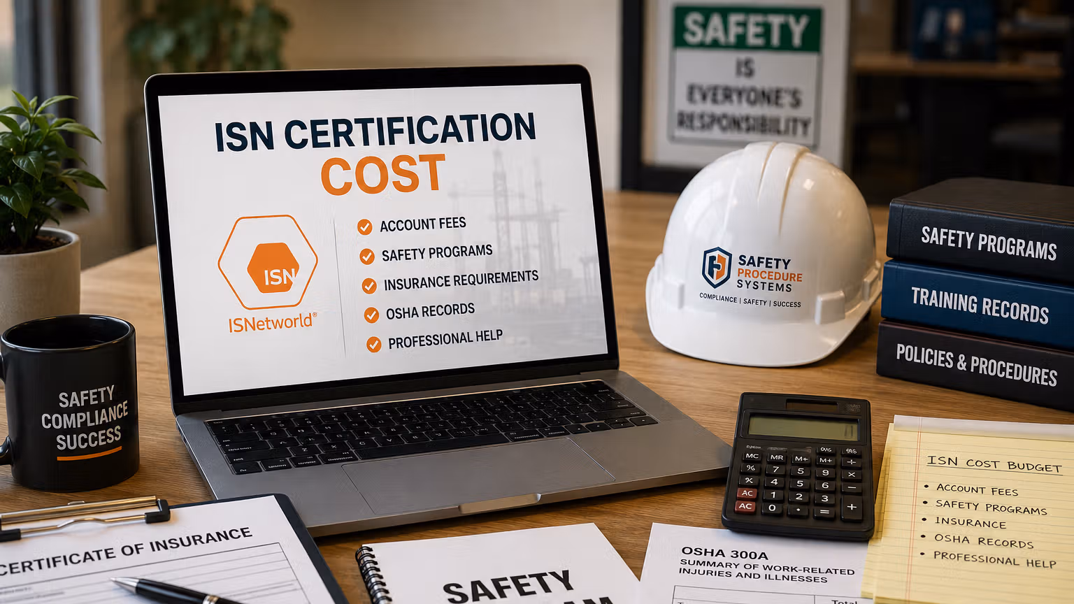 Contractor reviewing ISN certification cost and compliance documents on a laptop with safety paperwork and a hard hat nearby.